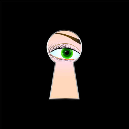 Female eye looking through a keyhole, black background. Vector illustrationのイラスト素材