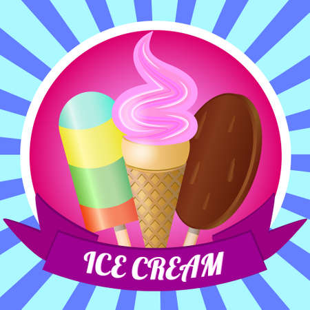 Ice cream logo with ribbon on blue starburst background. Ice cream cone, chocolae ice cream, fruit ice creamのイラスト素材