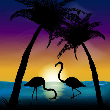Two silhouettes of flamingos in the background of the sea and sunset. Ocean landscape with palms.のイラスト素材