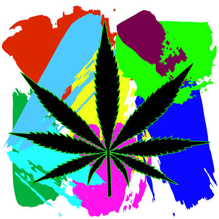 Black silhouette of leaf of marijuana on colorful rainbow background. Vector illustrationのイラスト素材
