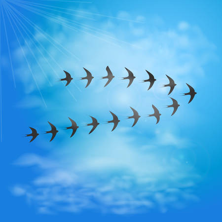 Flock of swallows in blue sky with clouds. Birds migration. Vector illustrationのイラスト素材