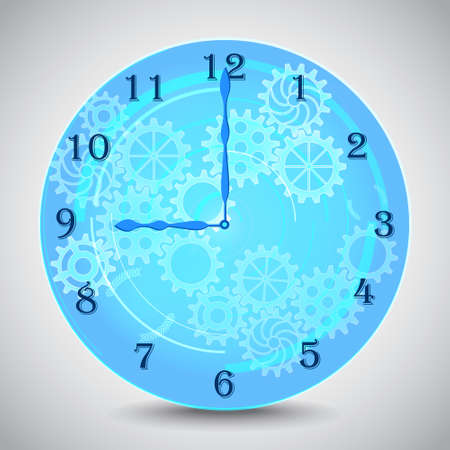 Blue mechanical clock with gears on grey background. Vector illustrationのイラスト素材