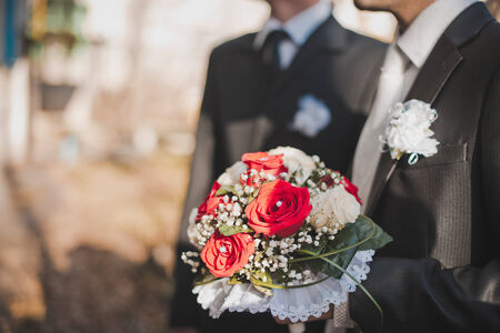 Rose flower in man's hands.の写真素材