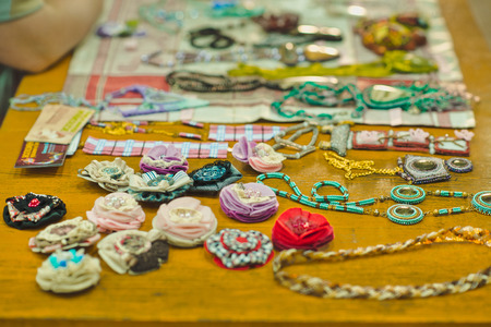 Table with various ornaments for sale.の写真素材