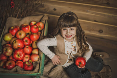 Timbered wall, cart with apples and the girl.の写真素材