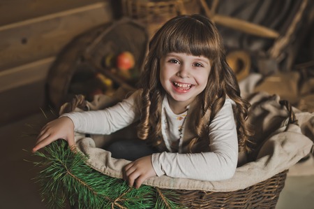Wattles basket with the child in it.の写真素材