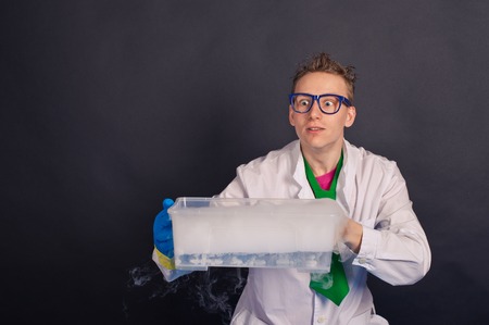 Creative scientists make experiments with liquid ice.