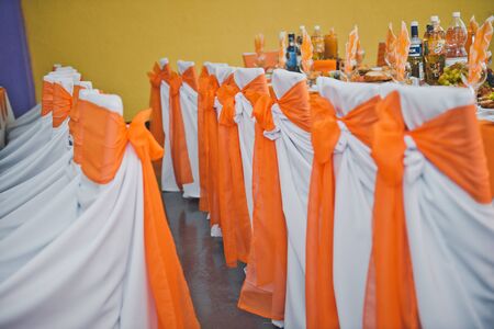 The halls decorated with an orange fabric.の写真素材