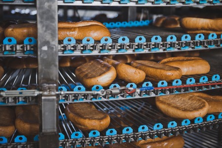 Rolls on pallets of a conveyer.