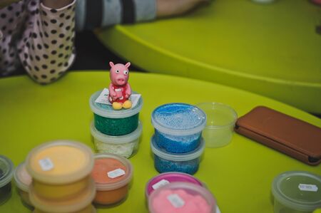 The paint on the table in front of the painting.の写真素材