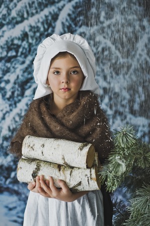 The child logs of firewood in a snowy forest.の写真素材