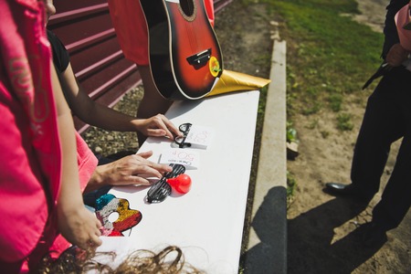 Hairy wig on the counter.の写真素材