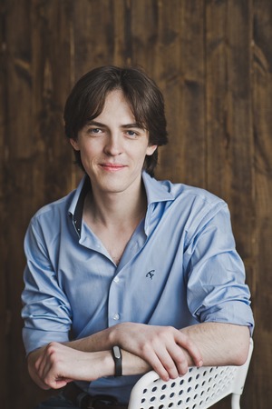 The man in the blue shirt.の写真素材