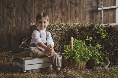Portrait of baby rabbit among white and hay boxes.