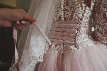 Girlfriend helps lace up bridesmaid dress.の写真素材