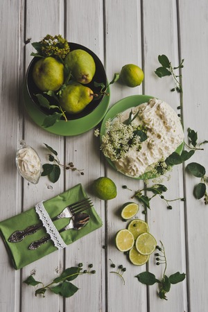 Still life in green style on white table.の写真素材