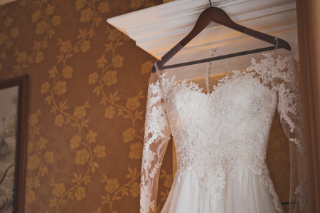 Openwork embroidery on the wedding dress.の写真素材