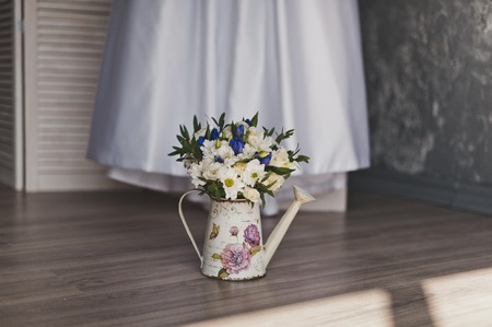 A bouquet of flowers lies in the lake.の写真素材