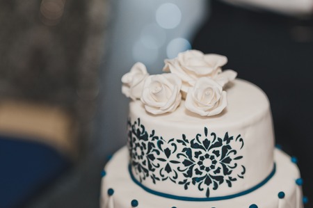 Cake with dark blue patterns and roses.の写真素材