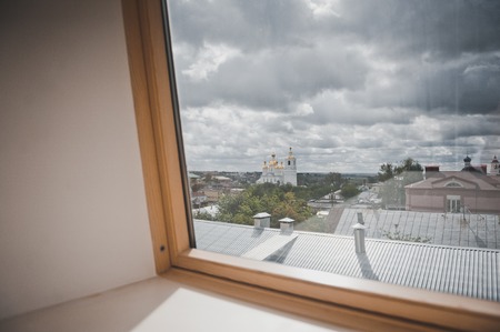 Panorama of the city from the house window.の写真素材