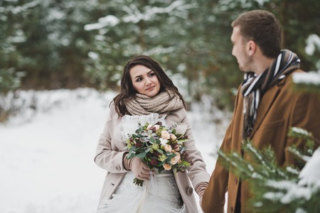 Newlyweds walk among snow-covered trees and pines.の写真素材