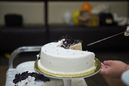 The bride cuts the cake for the guests.の写真素材