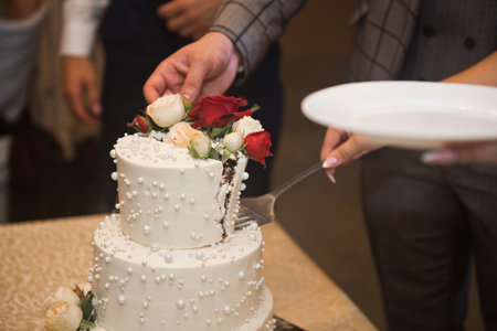 The newlyweds cut the cake into pieces.