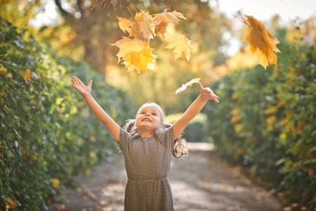 A child throws up autumn leaves.の写真素材