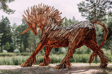 A big horse made of wooden parts.の写真素材