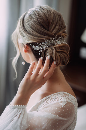 They are wearing a headpiece and a veil, and the photo is taken indoors.