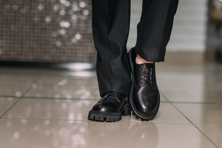 A persons feet wearing black shoes.の写真素材