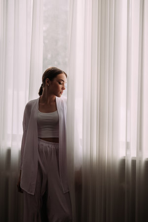 The background includes a wall, a window with a curtain, and a floor.の写真素材