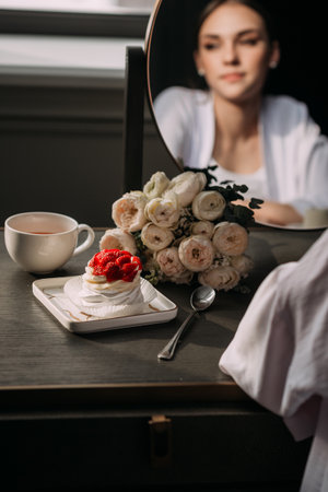 She is indoors and there is a rose on the table.の写真素材