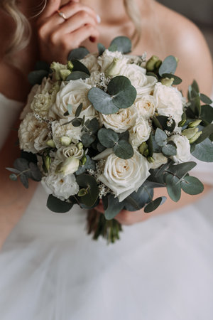 Tags associated with the image include rose, flower arranging, bouquet, bride, wedding, and indoor.
