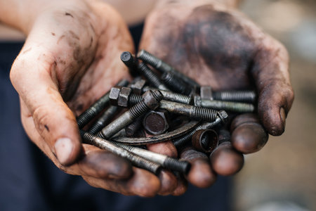 Worker holds dirty old bolts in his hands. Concept of car repair, repairの写真素材
