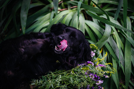 A black dog licks his tongue and winks while lying on his back in the green grass with wildflowersの写真素材