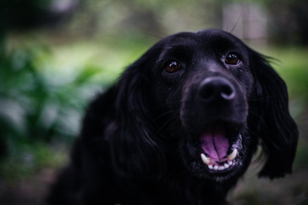 Black dog barks, a close-up photo, a focus on the eyes. The dog's fur is very dark, and its eyes are brown.の写真素材
