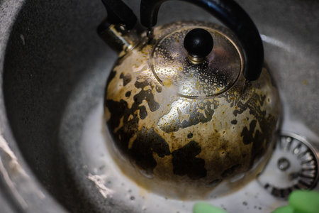 Close-up of an old, dirty kettle submerged in soapy water inside of a sink