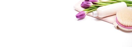 Concept for advertising, news or spa salon or sauna information on a white background. Space for text on a white background. View from above. Personal items to visit the sauna, shower or massage.の写真素材