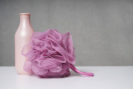 Banner for spa salon, shower room, sports club, shower with washcloth. Background blurred neutral....