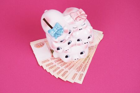 Ceramic piggy bank piggy for money. Photographed on a pink background, layout