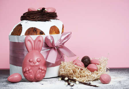 Composition of chocolate figurines. Chocolate bunny. Chocolate eggs on a colored background. Place for the testの写真素材