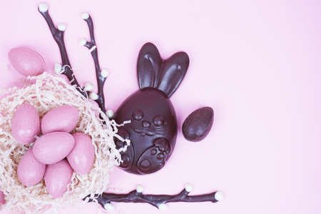 Composition of chocolate figurines. Chocolate bunny. Chocolate eggs on a colored background. Place for the testの写真素材