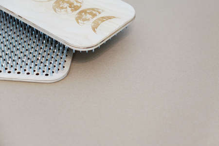 Blue sadhu board made of wood with nails. A man stands on nails. View from above.の写真素材