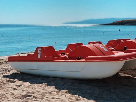 Red catamaran on sea coast. Sea transport.の写真素材