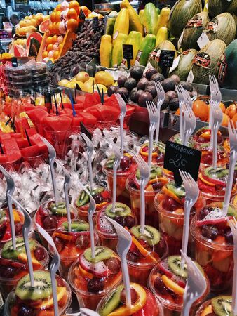 boqueria market. fruit market background. fruit shakersの写真素材