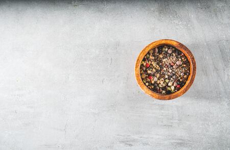 Spices in bowl. Mixed or various dried grains for food cooking. Culinary. Copy space for text. Top viewの写真素材