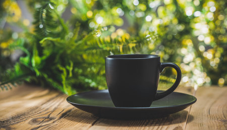Teacup on wooden table in front of floral spring garden nature outdoor with bokeh light. Front viewの写真素材
