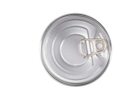 Tin can without label top view or above, isolated on whiteの写真素材