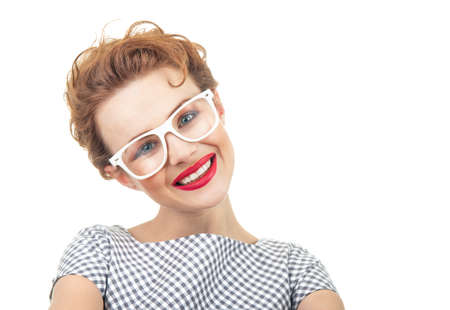 Smile retro style young woman, close up studio shotの写真素材